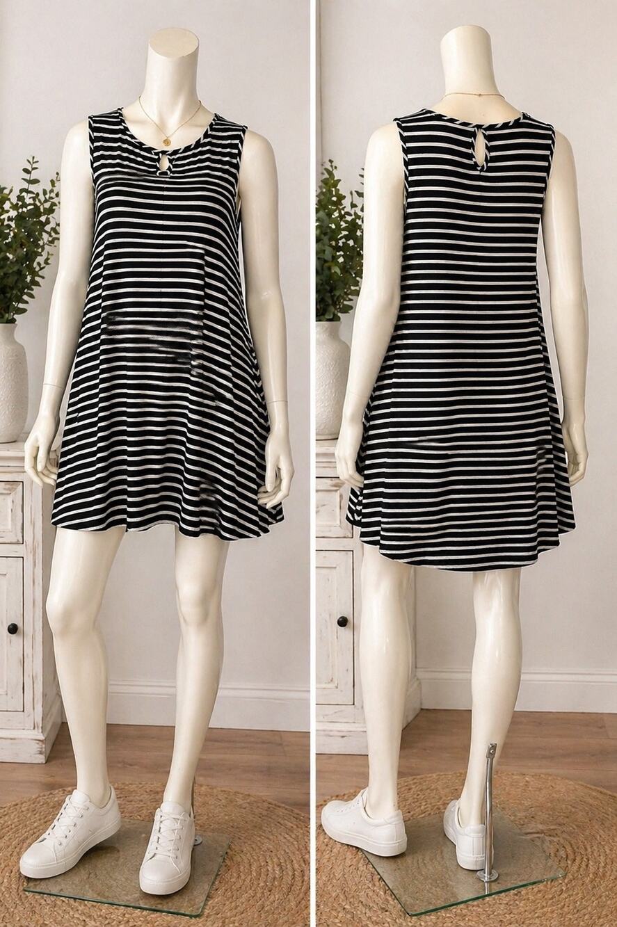 Moa Moa Women’s Size L Black White Striped Sleeveless Shift Dress Keyhole Back